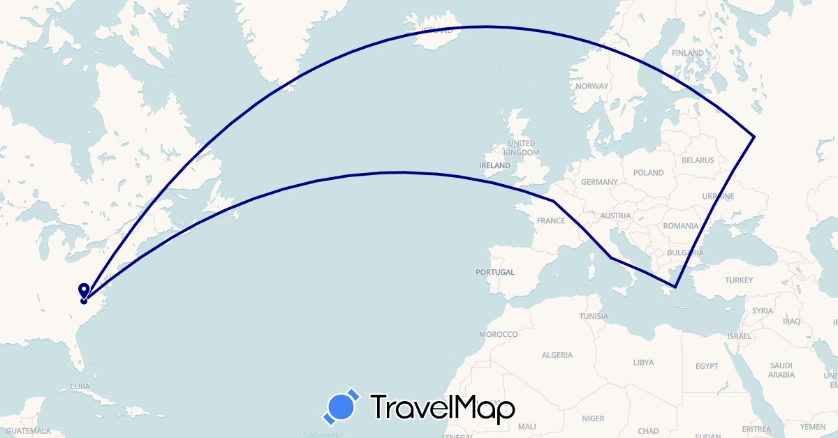 TravelMap itinerary: driving in France, Greece, Italy, Russia, United States (Europe, North America)